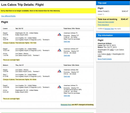 Airfare Deal – American: Washington D.C. – Cabo San Lucas, Mexico. $340