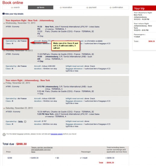 Make sure the booking class is R. If it is V, it will not earn any miles.