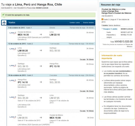 Lima and Easter Island for 13,520 MXN or 1,064 USD. Fantastic deal in Business Class!!