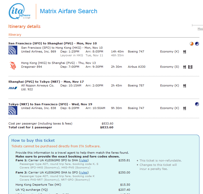 $834 with ~2 days in HK, 3 days in Shanghai and 2 days in Tokyo. 