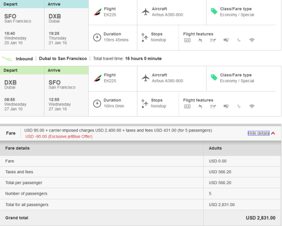 $2,831 for 5 passengers or $566 each.