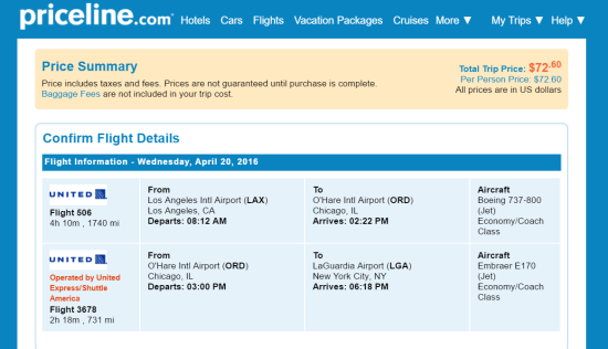 One Way: Los Angeles - New York. $72.