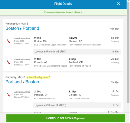 American – $264: Boston – Portland, Oregon (and vice versa). Roundtrip