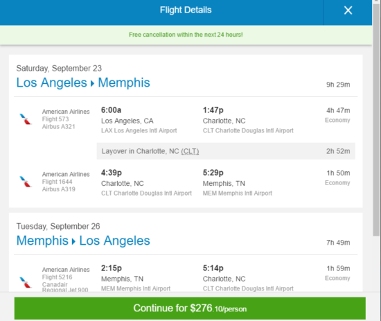 American - $276: Los Angeles - Memphis, Tennessee (and ...