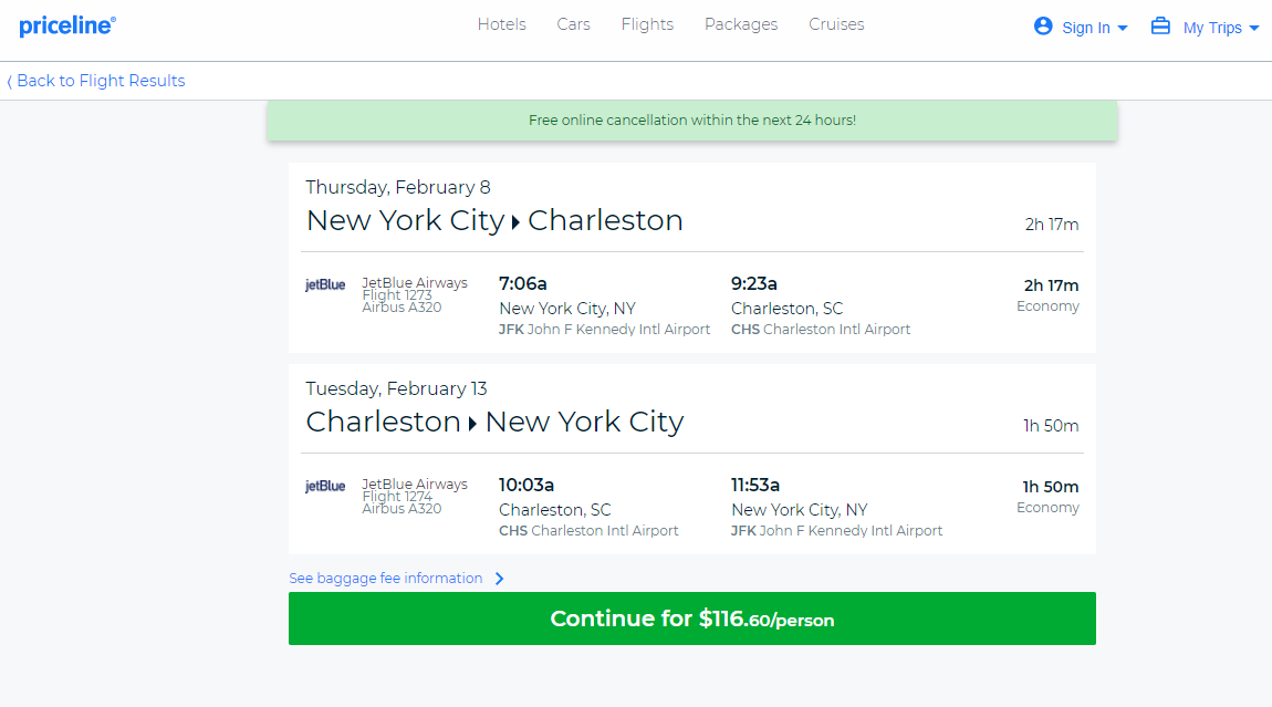 Call the York by Charleston (CHS) New ticket (JFK) to cancellation