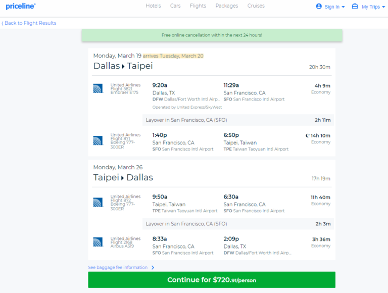 United – $721: Dallas – Taipei, Taiwan. Roundtrip, including all Taxes