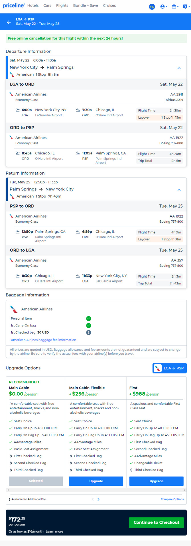 American: New York – Palm Springs, California (and vice versa). $172