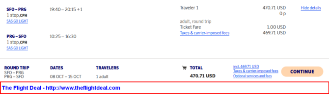 Scandinavian Airlines booking page
